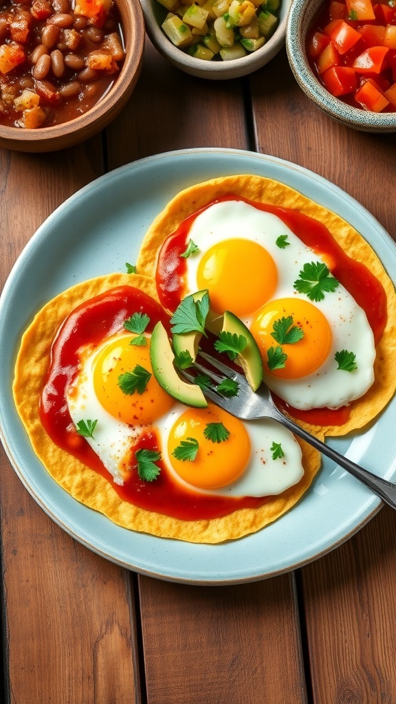 Huevos rancheros with fried eggs on corn tortillas, topped with tomato sauce, avocado, and cilantro on a wooden table.